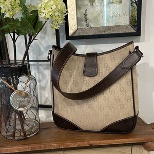 Dooney & Bourke Beige Canvas Shoulder Bag with Dark Brown Trim